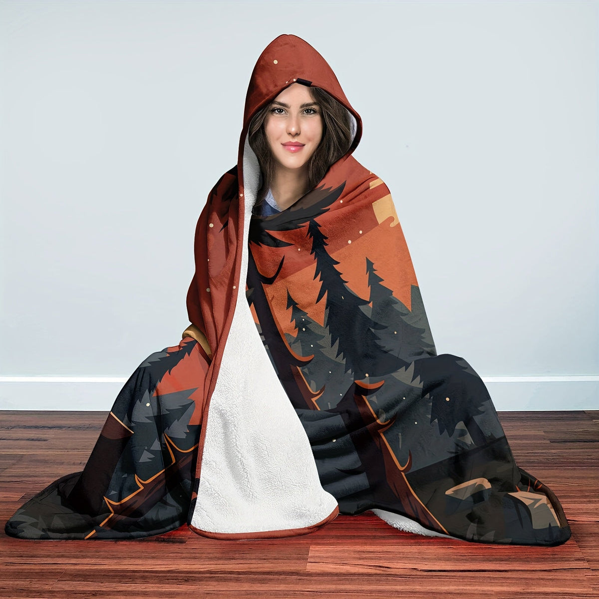 Camping Pattern Hooded Blanket – Flannel Wearable Throw with Digital Print for Sofa, Office & Travel Comfort