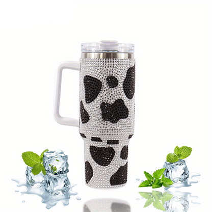 Stainless Steel Insulated Cow Print Tumbler – 40oz Travel Mug with Handle and Straw Lid, Heat-Preserving, Perfect Gift for Camping, Sports, and Outdoor Adventures