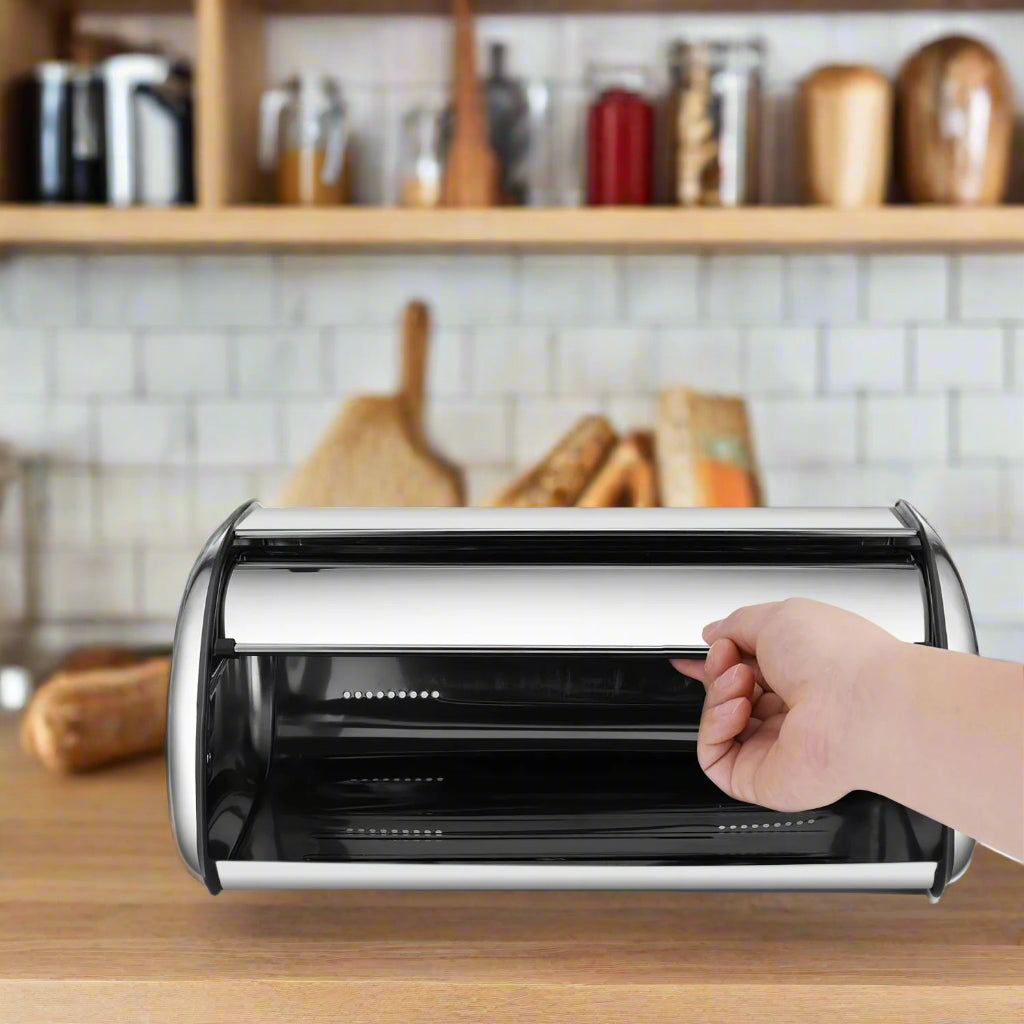 Stainless Steel Roll Top Bread Box – Large Capacity Kitchen Counter Storage with Smooth Sliding Lid, Stylish Modern Design for Fresh Bread and Baked Goods