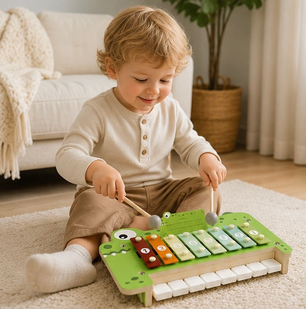 Wooden Crocodile Piano Toy - Musical Percussion Instrument for Preschool Learning, Brain Development and Creative Play