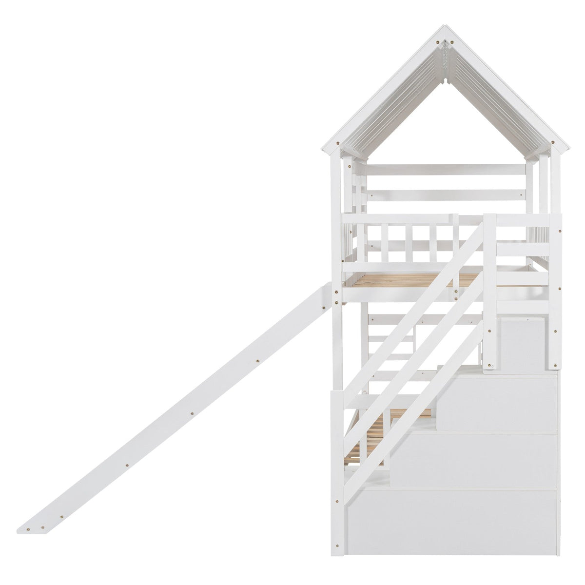 Twin over Twin House Bunk Bed with Roof and Window Design, Trundle, Slide, and Storage Staircase