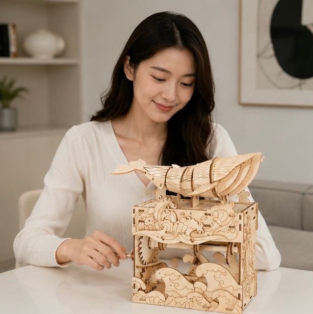 3D Wooden Whale Music Box Puzzle- Handmade DIY Seaside Assembly Model Kit for Birthday Christmas and Creative Home Decoration