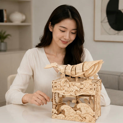 3D Wooden Whale Music Box Puzzle- Handmade DIY Seaside Assembly Model Kit for Birthday Christmas and Creative Home Decoration