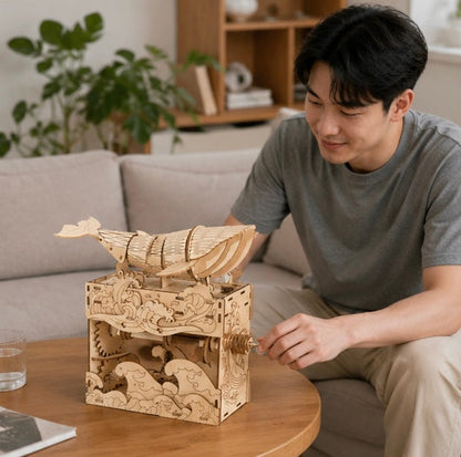 3D Wooden Whale Music Box Puzzle- Handmade DIY Seaside Assembly Model Kit for Birthday Christmas and Creative Home Decoration