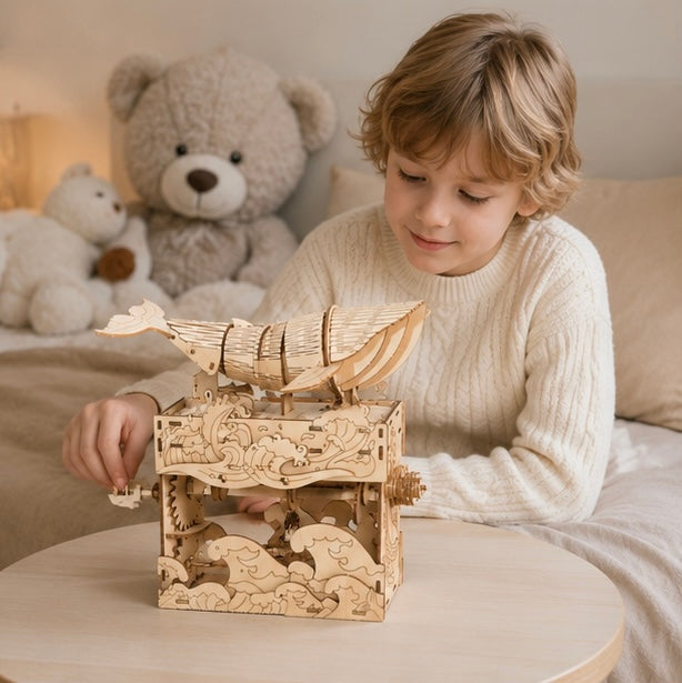 3D Wooden Whale Music Box Puzzle- Handmade DIY Seaside Assembly Model Kit for Birthday Christmas and Creative Home Decoration