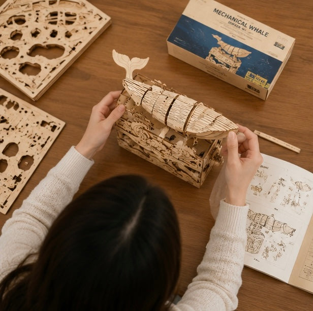 3D Wooden Whale Music Box Puzzle- Handmade DIY Seaside Assembly Model Kit for Birthday Christmas and Creative Home Decoration