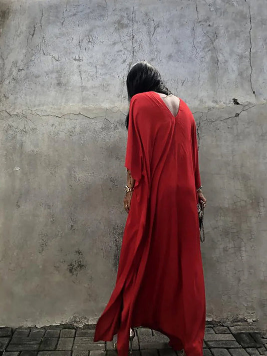 Women's Vintage Bohemian Maxi Dress – Oversized Summer Red Dress with Batwing Sleeves for Chic Beachwear and Casual Relaxed Style