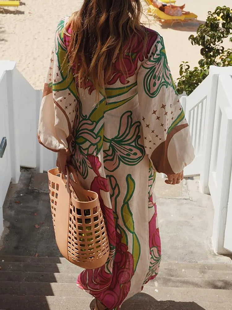 Women’s Deep V-Neck Party Maxi Dress – Long Sleeve Lace-Up Design with Sexy Print, Elegant Fall Evening Dress 2024