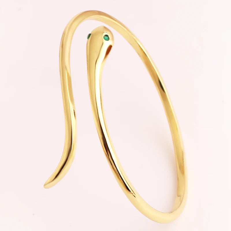 Gold-Plated Snake Bracelet with Green Zircon Eye – Fashionable Animal-Inspired Cuff Bangle for Women, Wedding Jewelry, or Bold Statement Styling