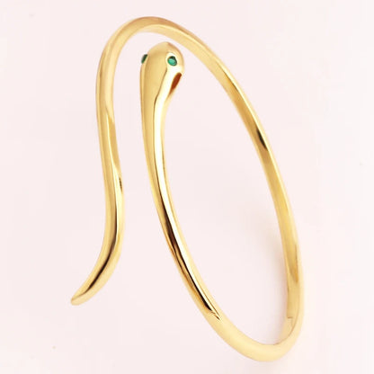 Gold-Plated Snake Bracelet with Green Zircon Eye – Fashionable Animal-Inspired Cuff Bangle for Women, Wedding Jewelry, or Bold Statement Styling