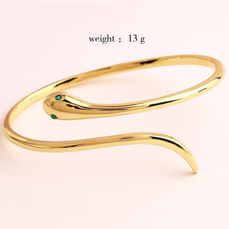 Gold-Plated Snake Bracelet with Green Zircon Eye – Fashionable Animal-Inspired Cuff Bangle for Women, Wedding Jewelry, or Bold Statement Styling