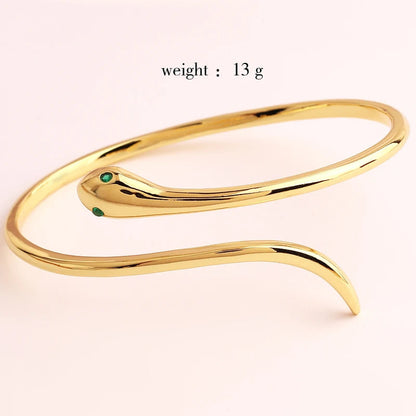 Gold-Plated Snake Bracelet with Green Zircon Eye – Fashionable Animal-Inspired Cuff Bangle for Women, Wedding Jewelry, or Bold Statement Styling