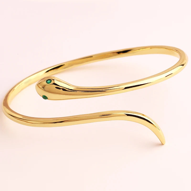 Gold-Plated Snake Bracelet with Green Zircon Eye – Fashionable Animal-Inspired Cuff Bangle for Women, Wedding Jewelry, or Bold Statement Styling