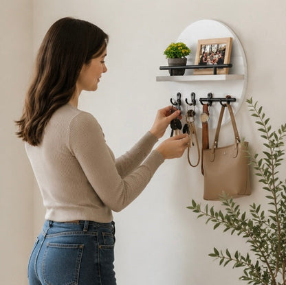 Wall Mounted Wooden Key Holder with Shelf - Mail Organizer and Entryway Storage Rack for Keys, Letters and Home Decor