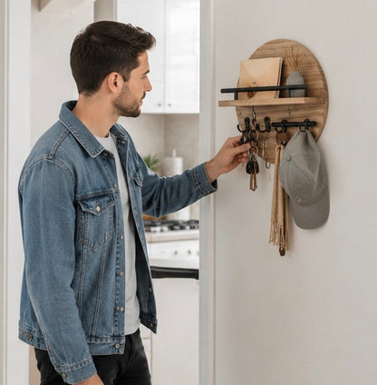 Wall Mounted Wooden Key Holder with Shelf - Mail Organizer and Entryway Storage Rack for Keys, Letters and Home Decor