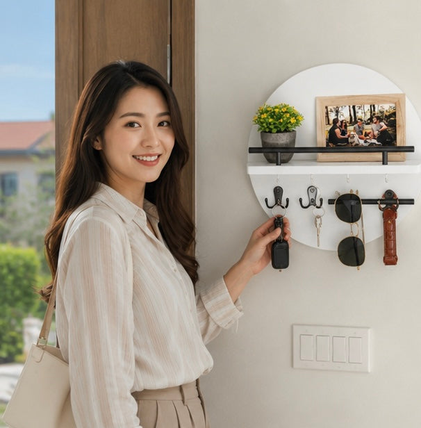 Wall Mounted Wooden Key Holder with Shelf - Mail Organizer and Entryway Storage Rack for Keys, Letters and Home Decor