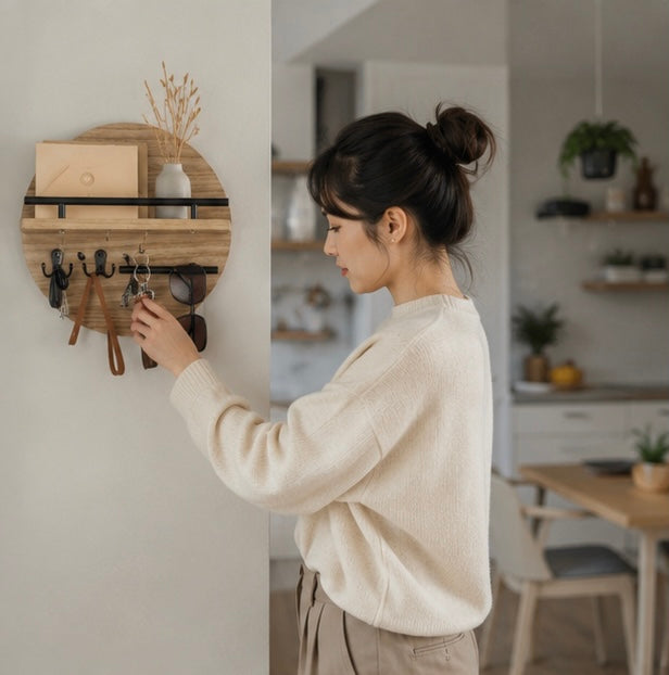 Wall Mounted Wooden Key Holder with Shelf - Mail Organizer and Entryway Storage Rack for Keys, Letters and Home Decor
