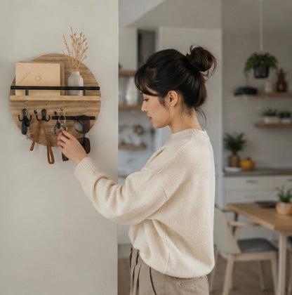 Wall Mounted Wooden Key Holder with Shelf - Mail Organizer and Entryway Storage Rack for Keys, Letters and Home Decor