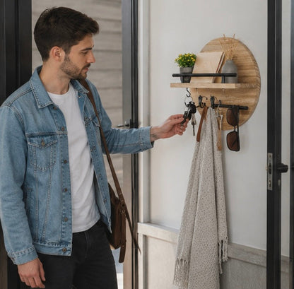 Wall Mounted Wooden Key Holder with Shelf - Mail Organizer and Entryway Storage Rack for Keys, Letters and Home Decor