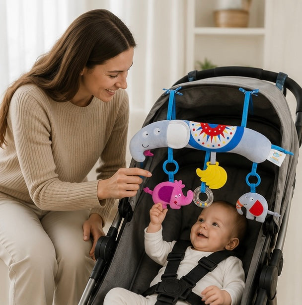 Baby Stroller Arch Toy - Plush Activity Hanging Toy with Sounds for Car Seats, Prams and Sensory Exploration