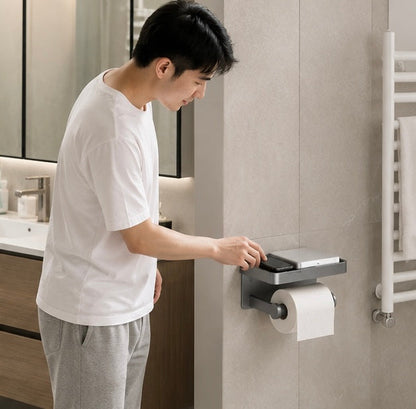 Wall Mounted Toilet Paper Holder – Bathroom Tissue Roll Organizer with Storage Shelf and Convenient Phone Stand