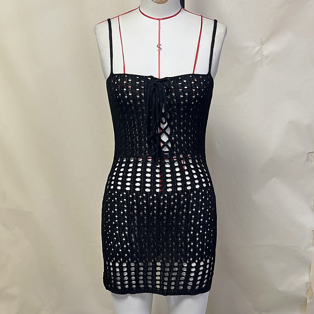 Lace-Up Crochet Mini Dress – Hollow Out Backless Knitted Beach Cover-Up for Bikini Layering and Resort Wear