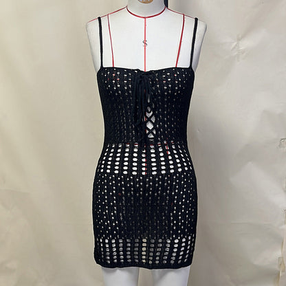 Lace-Up Crochet Mini Dress – Hollow Out Backless Knitted Beach Cover-Up for Bikini Layering and Resort Wear