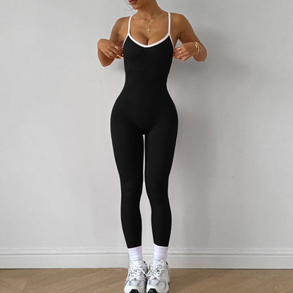 Seamless Yoga Jumpsuit for Women – Spaghetti Strap One-Piece Gym Outfit with Padded Bra