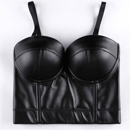 Women Leather Corset Top Crop Bustier – Gothic Bodice Push-Up Corselet Lingerie Party Crop Camis Top