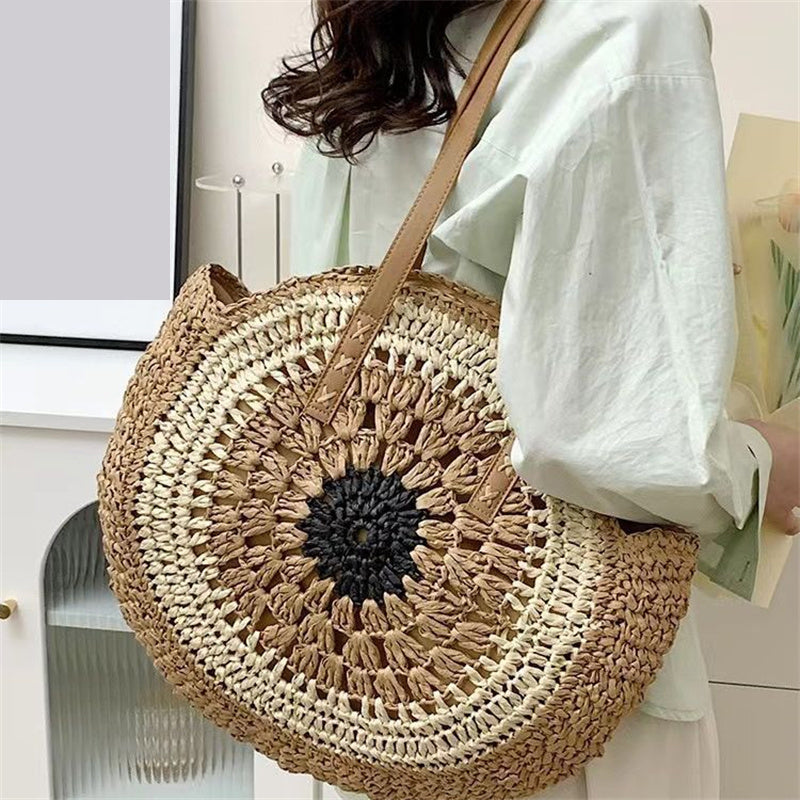 Handmade Paper Rope Woven Beach Bag – Colorful Hollow Round Tote with Shoulder Strap for Summer Casual Outfits