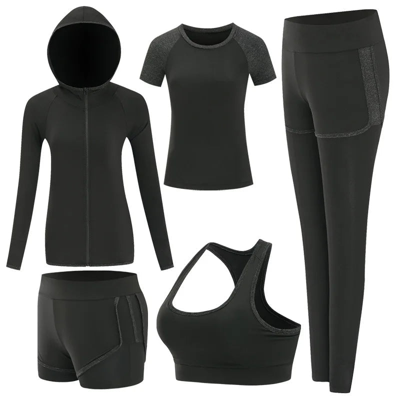 Women’s Outdoor Sportswear Set – 5-Piece Quick-Dry Yoga T-Shirt, Bra, Shorts, Coat & Pants for Running, Gym, and Fitness
