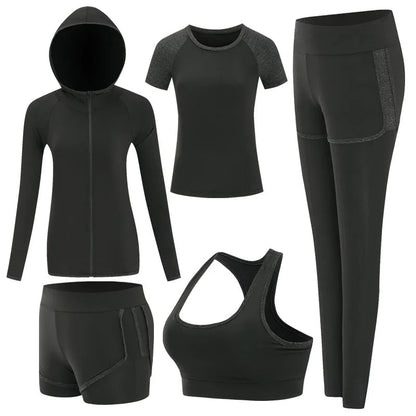 Women’s Outdoor Sportswear Set – 5-Piece Quick-Dry Yoga T-Shirt, Bra, Shorts, Coat & Pants for Running, Gym, and Fitness