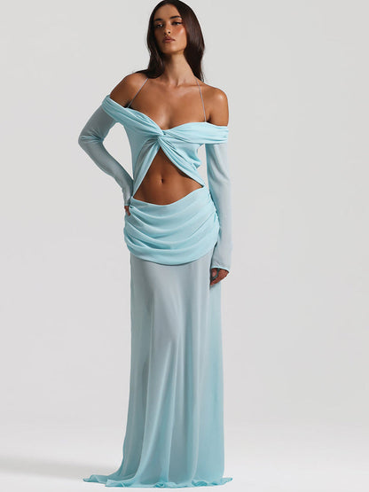 Sexy Off-Shoulder Hollow-Out Maxi Dress – Elegant Halter Long-Sleeve White Dress for Women, Slim Summer Vacation Beachwear & Evening Resort Outfits