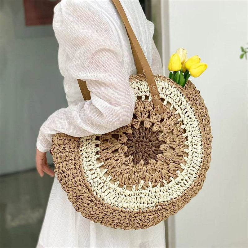 Handmade Paper Rope Woven Beach Bag – Colorful Hollow Round Tote with Shoulder Strap for Summer Casual Outfits