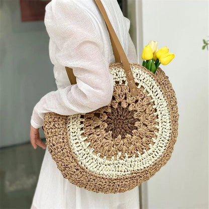 Handmade Paper Rope Woven Beach Bag – Colorful Hollow Round Tote with Shoulder Strap for Summer Casual Outfits