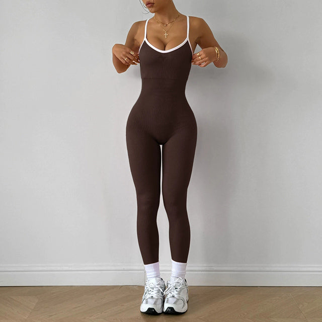 Seamless Yoga Jumpsuit for Women – Spaghetti Strap One-Piece Gym Outfit with Padded Bra