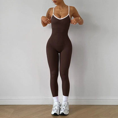Seamless Yoga Jumpsuit for Women – Spaghetti Strap One-Piece Gym Outfit with Padded Bra