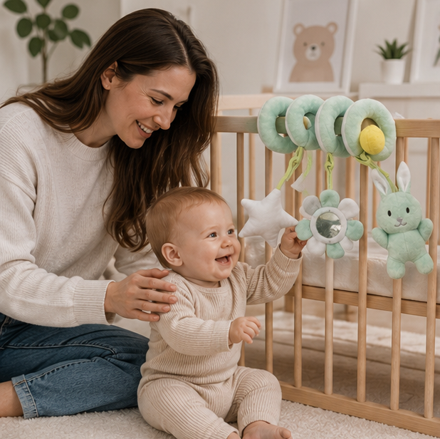 Baby Spiral Activity Toy-Stroller and Crib Hanging Rattle with Mirror for Sensory Development and Interactive Play