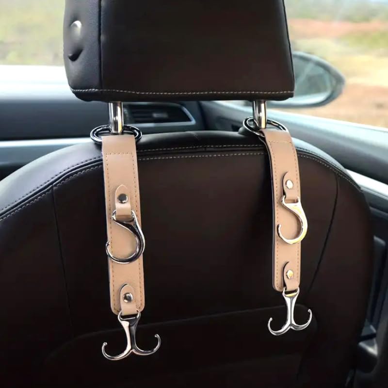 Faux Leather Car Seat Hooks – 2pcs Multi-Function Durable Headrest Hangers for Bags, Groceries, and Stylish Car Interior Organization