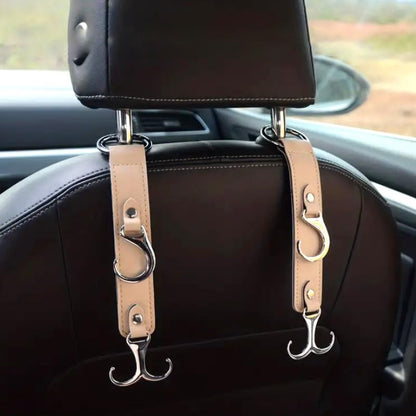 Faux Leather Car Seat Hooks – 2pcs Multi-Function Durable Headrest Hangers for Bags, Groceries, and Stylish Car Interior Organization