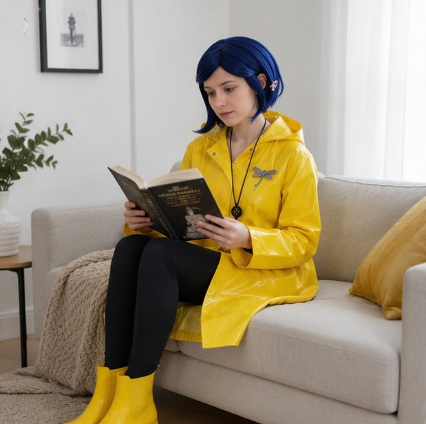Coraline Yellow Raincoat Cosplay Costume- Wybie Inspired Halloween Trench Coat Outfit for Anime Convention Party Dress Up and Cosplay Events