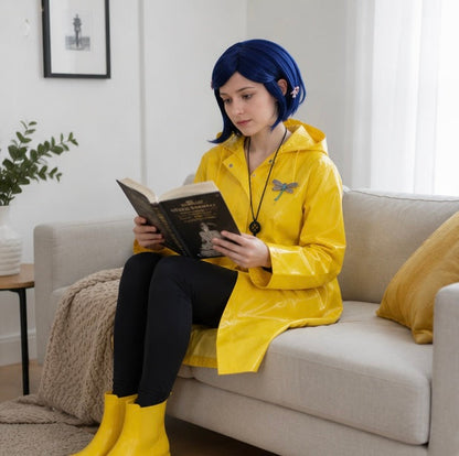 Coraline Yellow Raincoat Cosplay Costume- Wybie Inspired Halloween Trench Coat Outfit for Anime Convention Party Dress Up and Cosplay Events