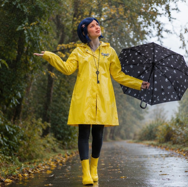 Coraline Yellow Raincoat Cosplay Costume- Wybie Inspired Halloween Trench Coat Outfit for Anime Convention Party Dress Up and Cosplay Events
