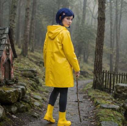 Coraline Yellow Raincoat Cosplay Costume- Wybie Inspired Halloween Trench Coat Outfit for Anime Convention Party Dress Up and Cosplay Events