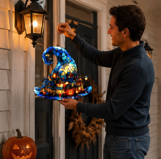 Halloween Witch Hat Hanging Decoration – Acrylic Pumpkin Town Window Pendant Ornament for Bedroom, Living Room, Home, and Party Décor