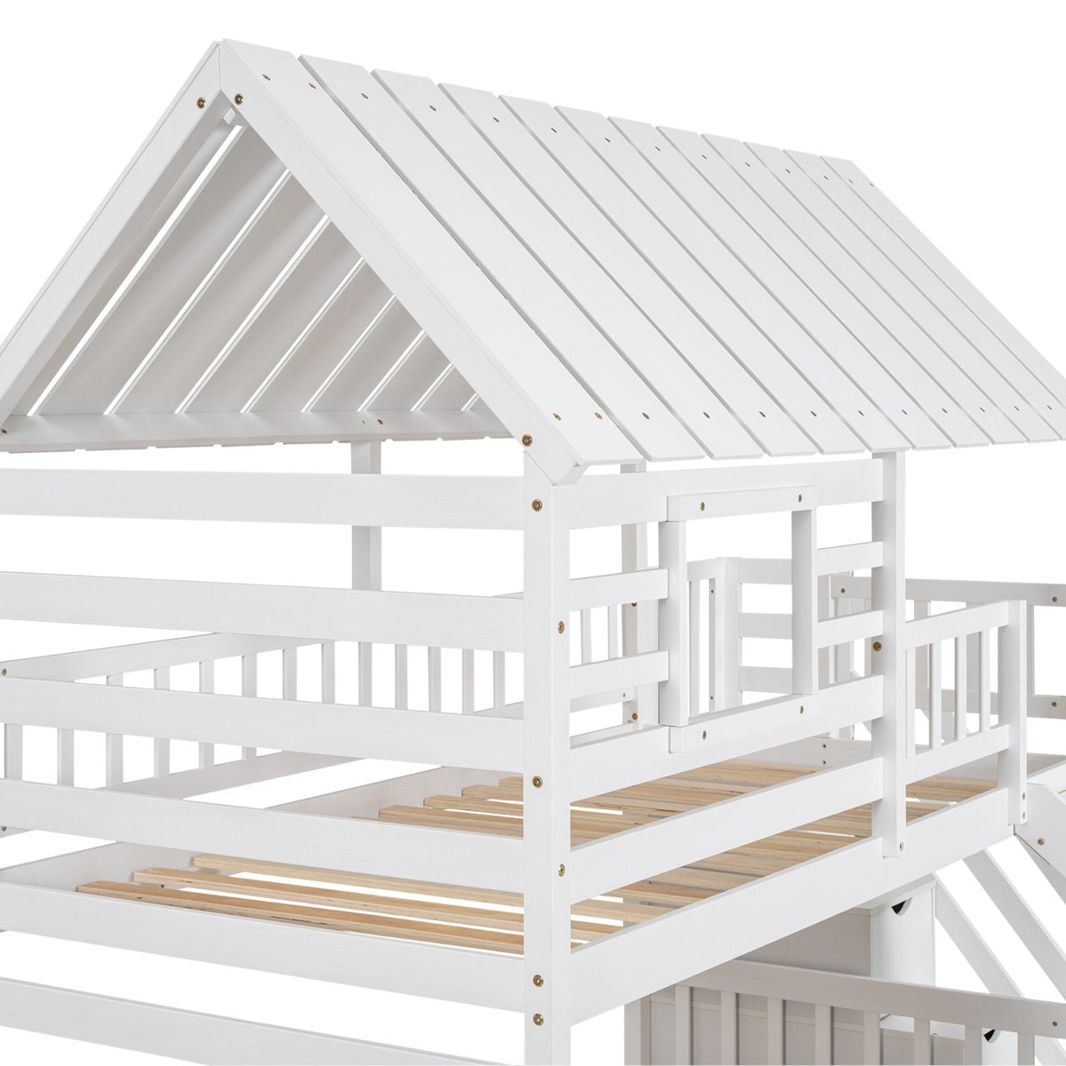 Twin over Twin House Bunk Bed with Roof and Window Design, Trundle, Slide, and Storage Staircase