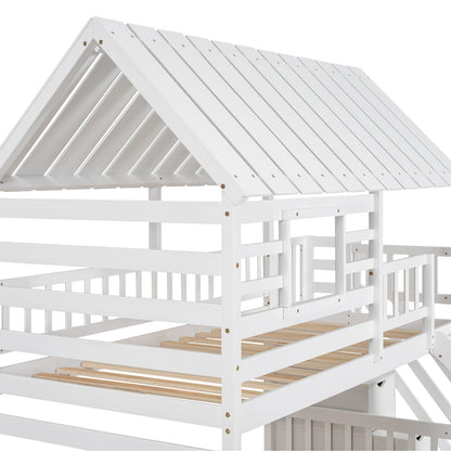 Twin over Twin House Bunk Bed with Roof and Window Design, Trundle, Slide, and Storage Staircase
