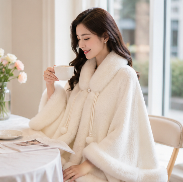 Women’s Faux Fur Cape Shawl – Chinese Style Qipao Poncho Coat with Thick Plush Design, Elegant Autumn Winter Outerwear for Sophisticated Cold Weather Fashion