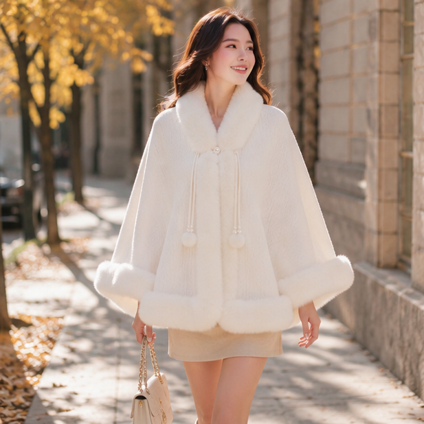 Women’s Faux Fur Cape Shawl – Chinese Style Qipao Poncho Coat with Thick Plush Design, Elegant Autumn Winter Outerwear for Sophisticated Cold Weather Fashion