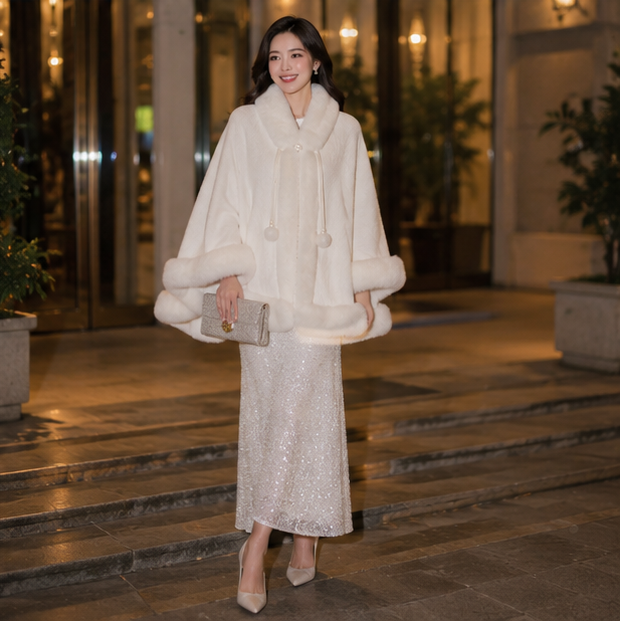 Women’s Faux Fur Cape Shawl – Chinese Style Qipao Poncho Coat with Thick Plush Design, Elegant Autumn Winter Outerwear for Sophisticated Cold Weather Fashion